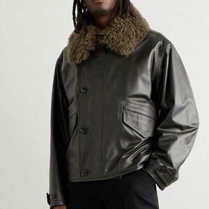 Lemaire Shearling-Trimmed Textured-Leather Jacket - Brown in SMALL